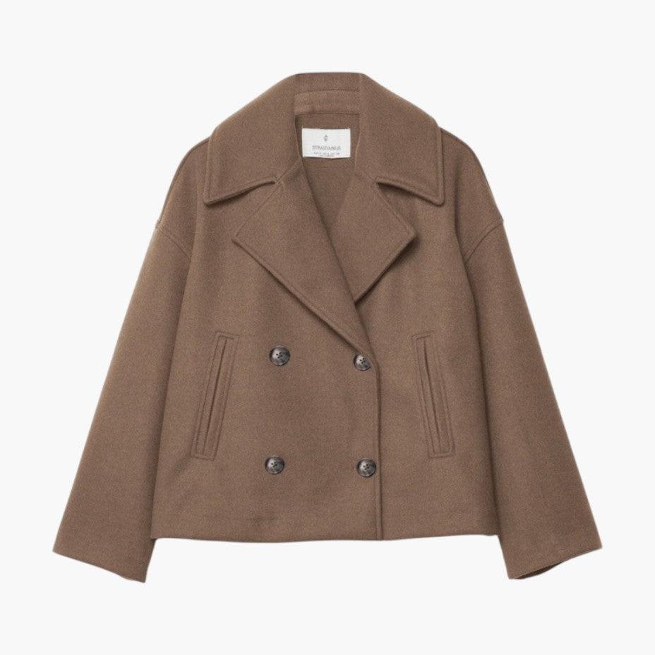 Women's Cropped Wool Peacoat Double Breasted with Notched Lapel and Oversized Fit - Image 1