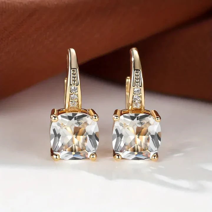 Women's Cushion Cut Gemstone Gold Drop Earrings Leverback - Image 13