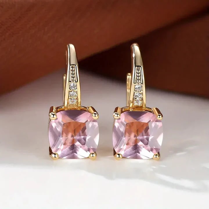 Women's Cushion Cut Gemstone Gold Drop Earrings Leverback - Image 17