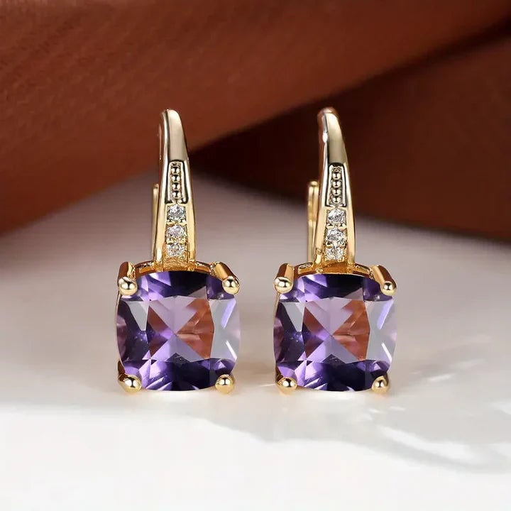Women's Cushion Cut Gemstone Gold Drop Earrings Leverback - Image 18