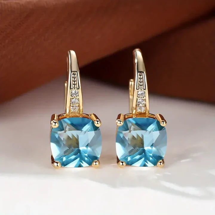 Women's Cushion Cut Gemstone Gold Drop Earrings Leverback - Image 19