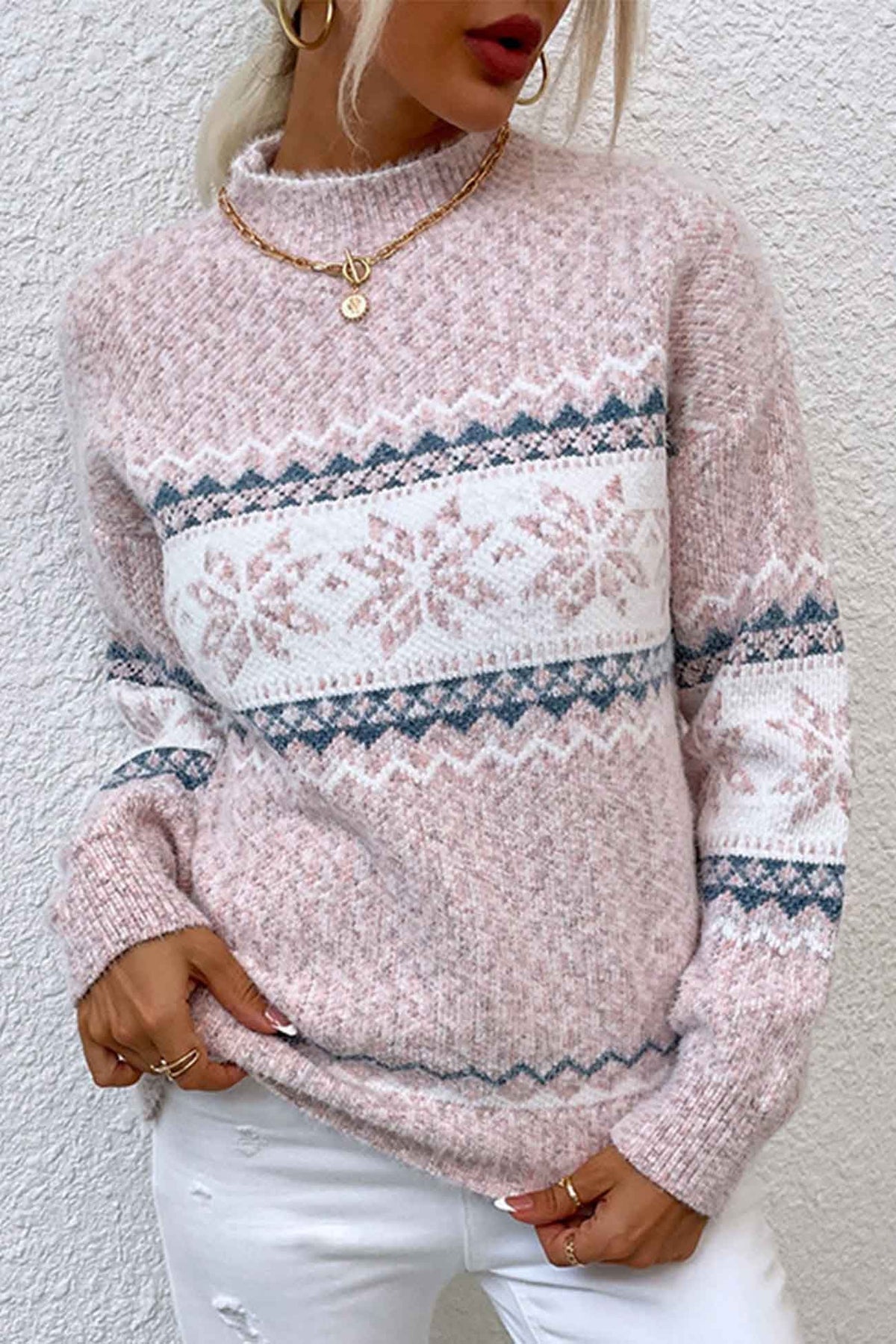 Women's Fair Isle Mock Neck Pullover Sweater with Snowflake Knit and Ribbed Cuffs - Image 1