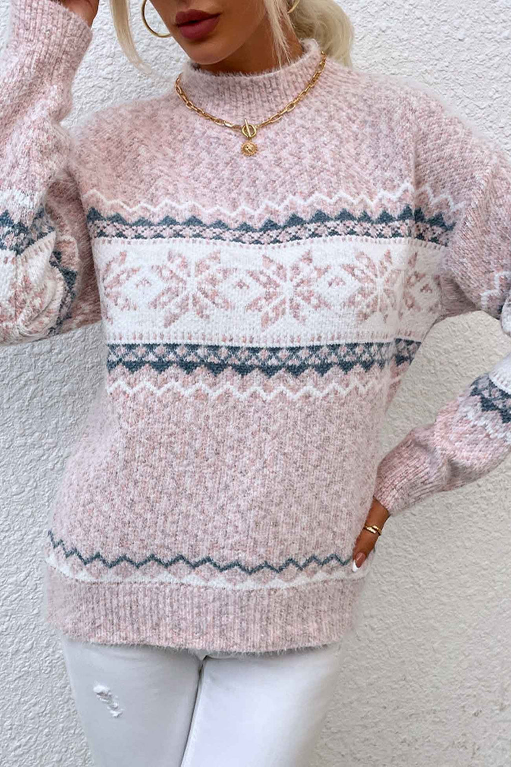 Women's Fair Isle Mock Neck Pullover Sweater with Snowflake Knit and Ribbed Cuffs - Image 2