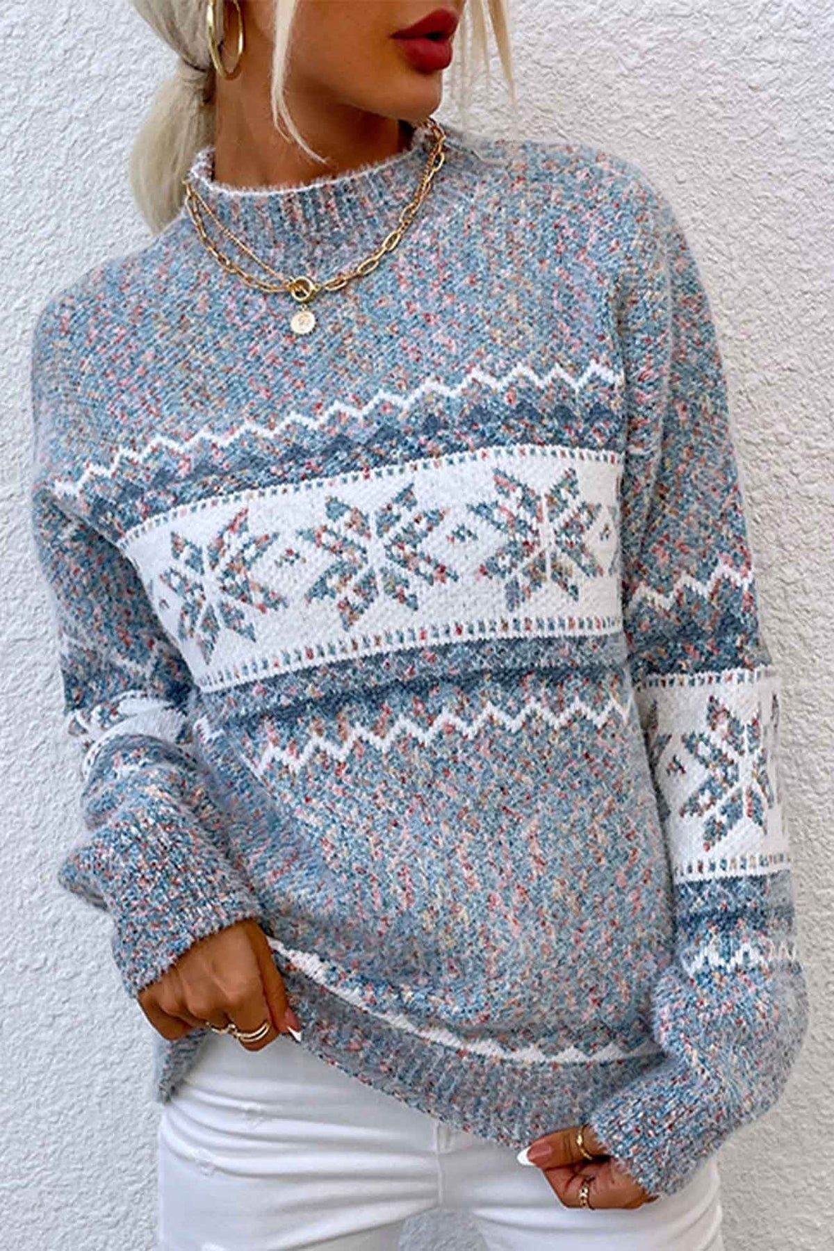 Women's Fair Isle Mock Neck Pullover Sweater with Snowflake Knit and Ribbed Cuffs - Image 3