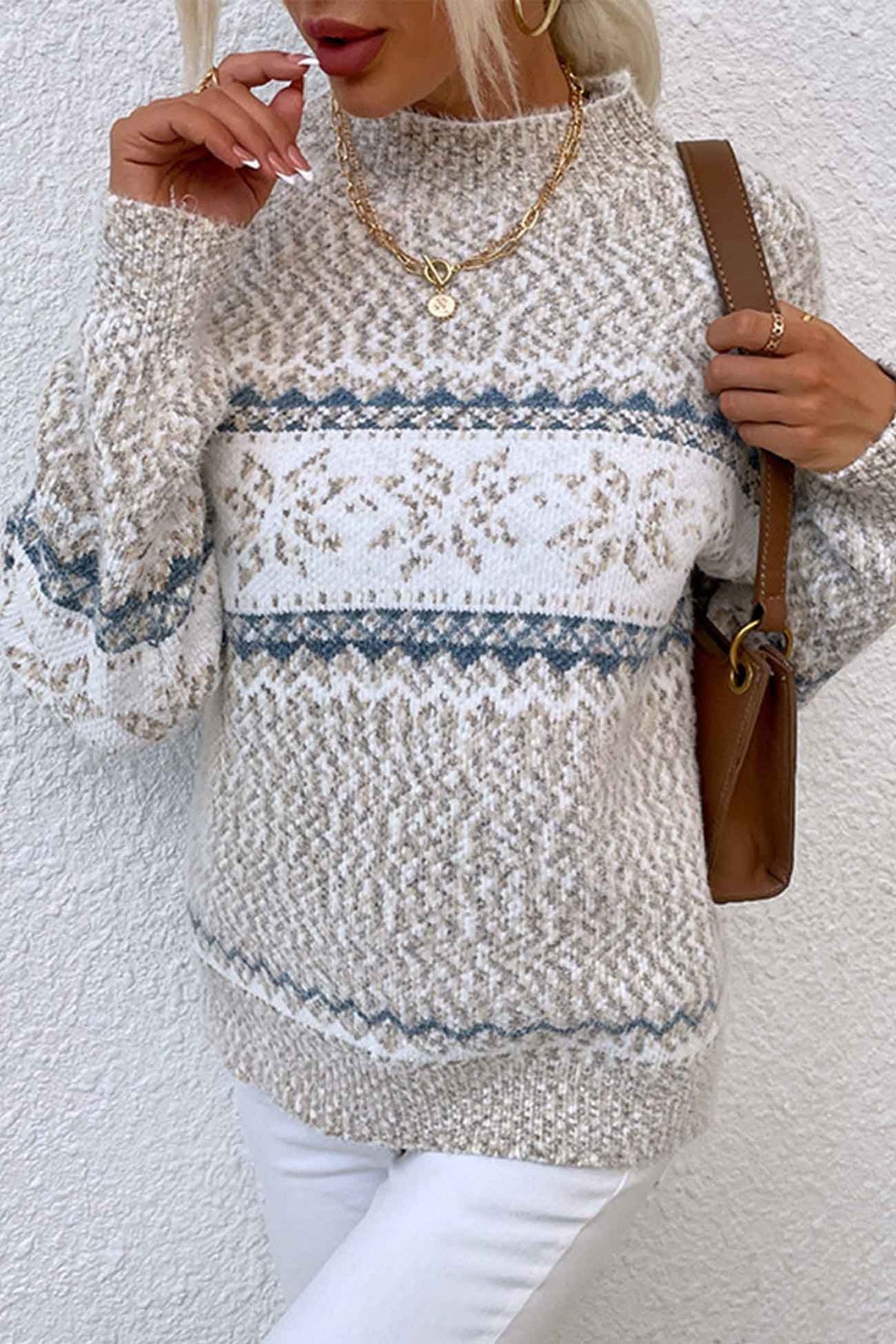 Women's Fair Isle Mock Neck Pullover Sweater with Snowflake Knit and Ribbed Cuffs - Image 4