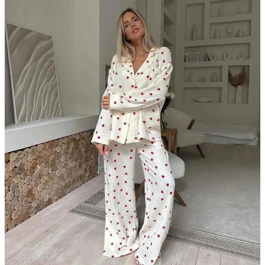 Women's Heart Pajama Set Cotton Long Sleeve Button Up Two Piece - Image 1