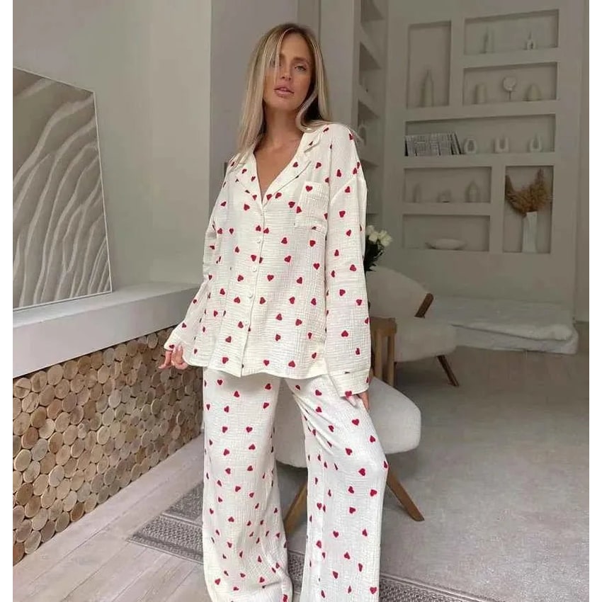 Women's Heart Pajama Set Cotton Long Sleeve Button Up Two Piece - Image 2