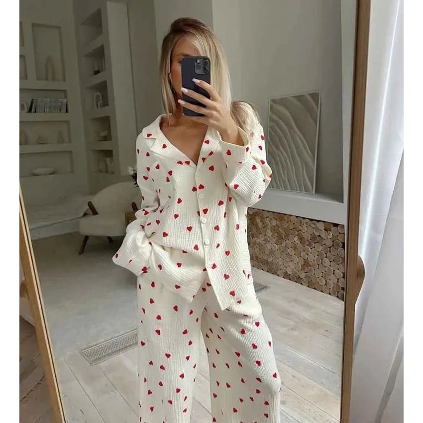 Women's Heart Pajama Set Cotton Long Sleeve Button Up Two Piece - Image 3