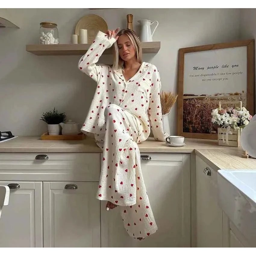 Women's Heart Pajama Set Cotton Long Sleeve Button Up Two Piece - Image 5
