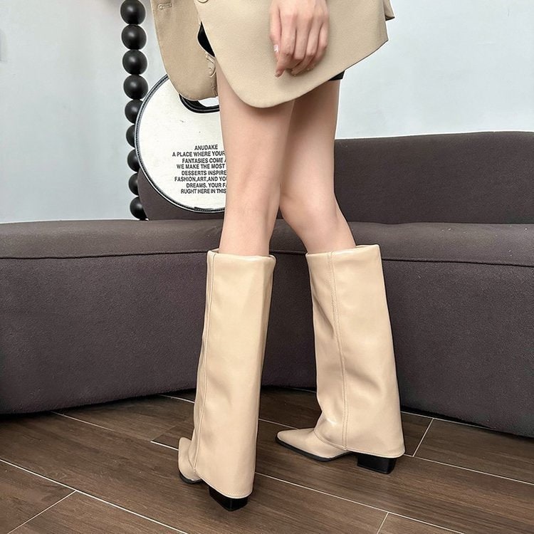 Women's Knee High Foldover Boots with Pointed Toe and Block Heel Slip - Image 2