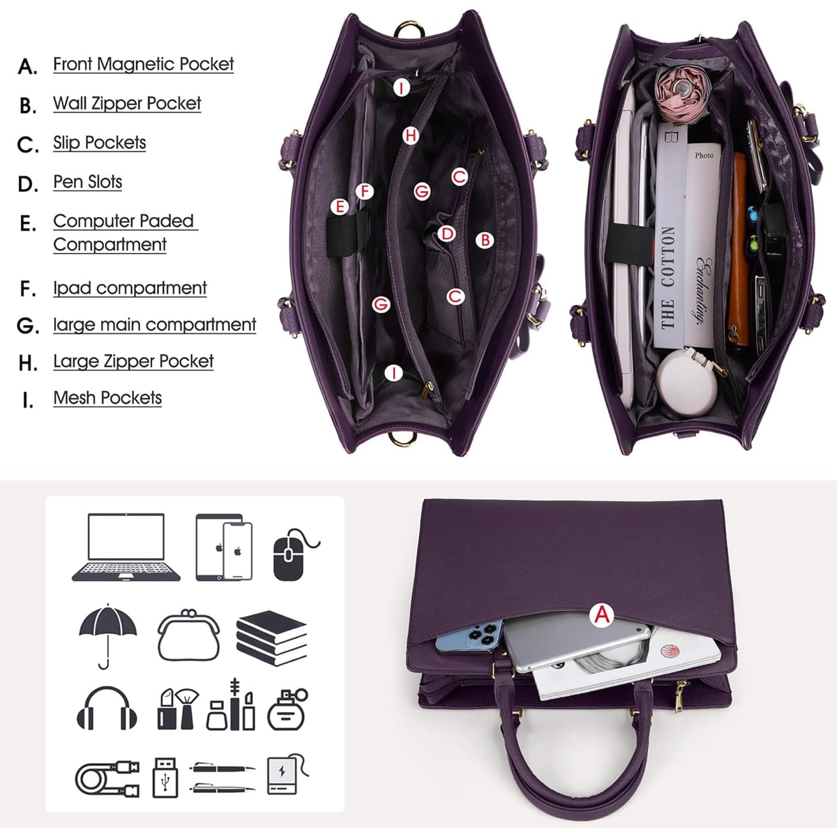 Women's Laptop Tote Bag with Shoulder Strap Padded Compartment and Multiple Organizers - Image 33