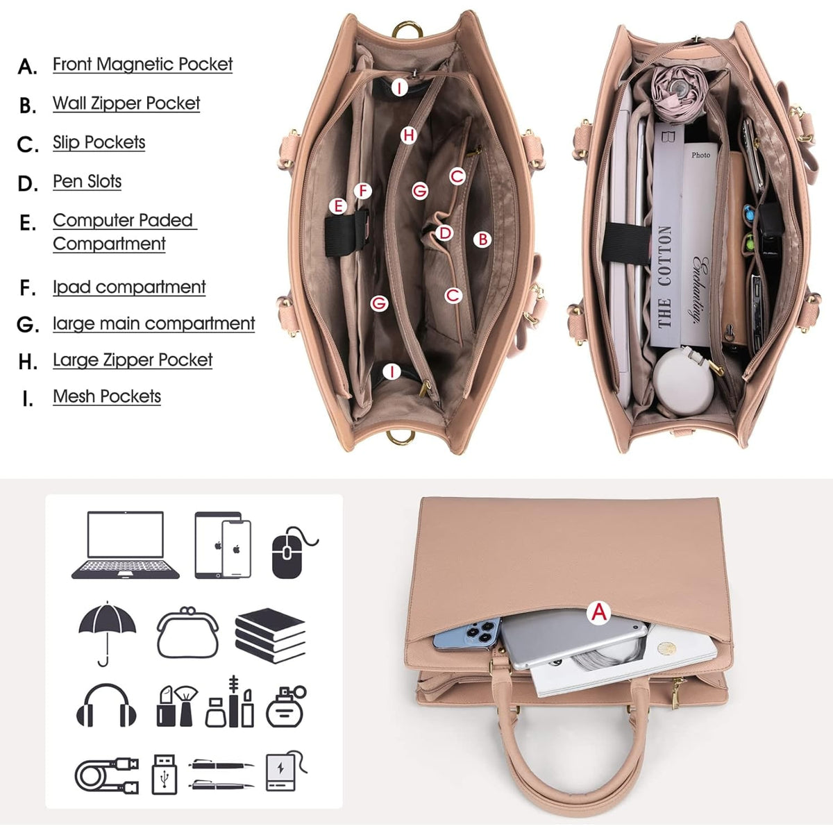 Women's Laptop Tote Bag with Shoulder Strap Padded Compartment and Multiple Organizers - Image 9