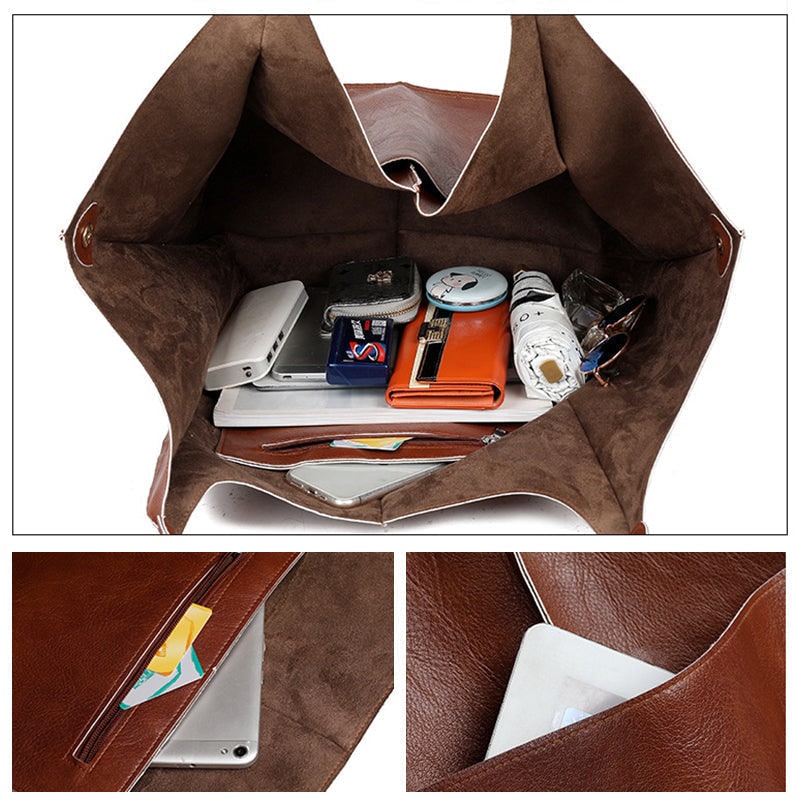 Women's Leather Tote Bag with Slouchy Unstructured Design and Front Pocket for Work - Image 9