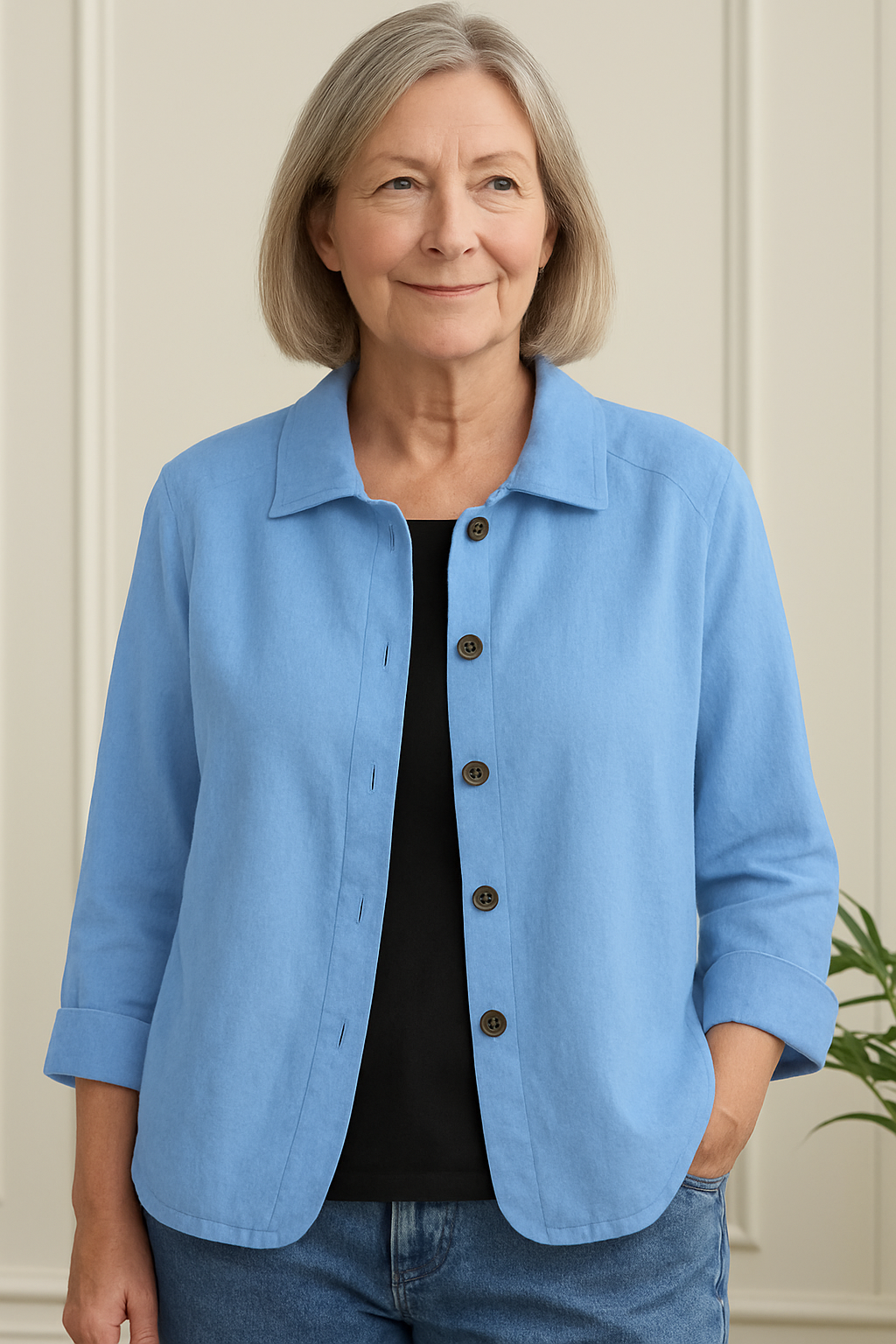 Women's Linen Blend Shirt Jacket with Button Front and Three-Quarter Sleeves - Image 1