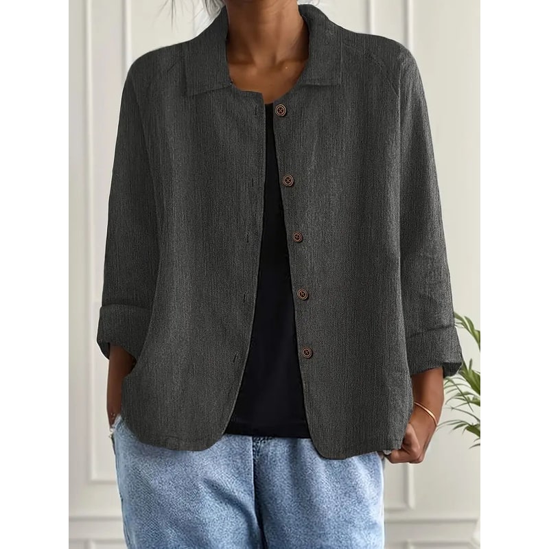 Women's Linen Blend Shirt Jacket with Button Front and Three-Quarter Sleeves - Image 15