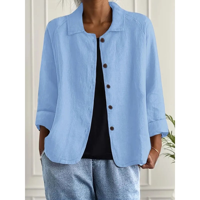 Women's Linen Blend Shirt Jacket with Button Front and Three-Quarter Sleeves - Image 3
