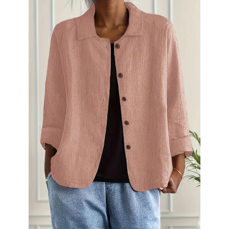 Women's Linen Blend Shirt Jacket with Button Front and Three-Quarter Sleeves - Image 4