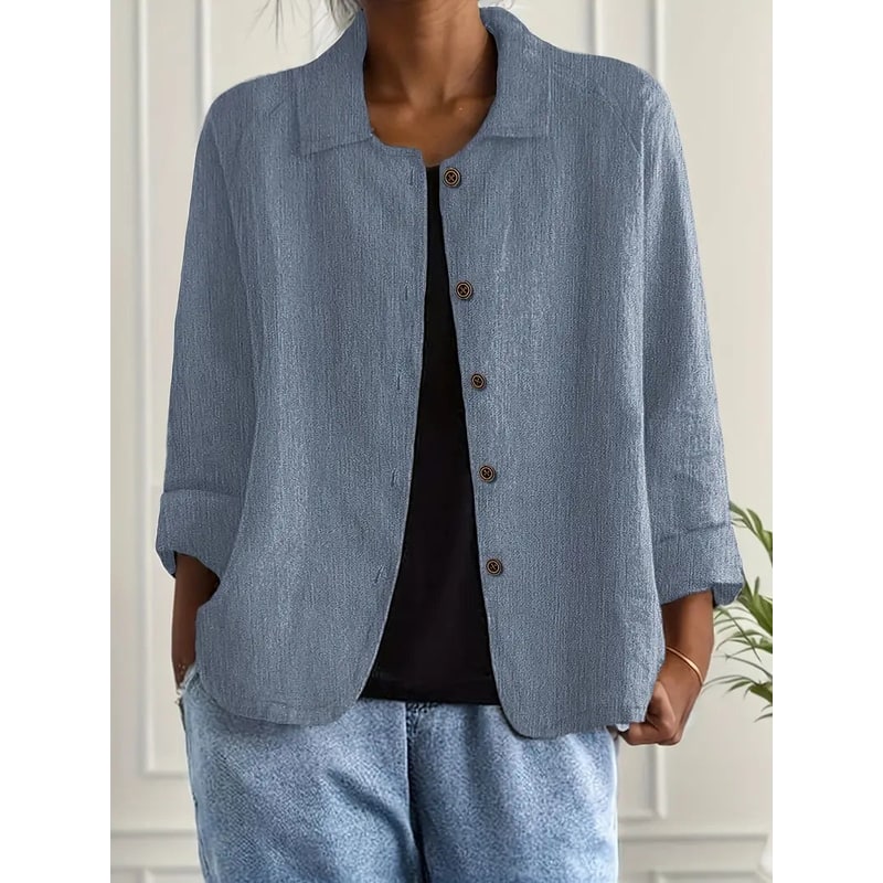 Women's Linen Blend Shirt Jacket with Button Front and Three-Quarter Sleeves - Image 6