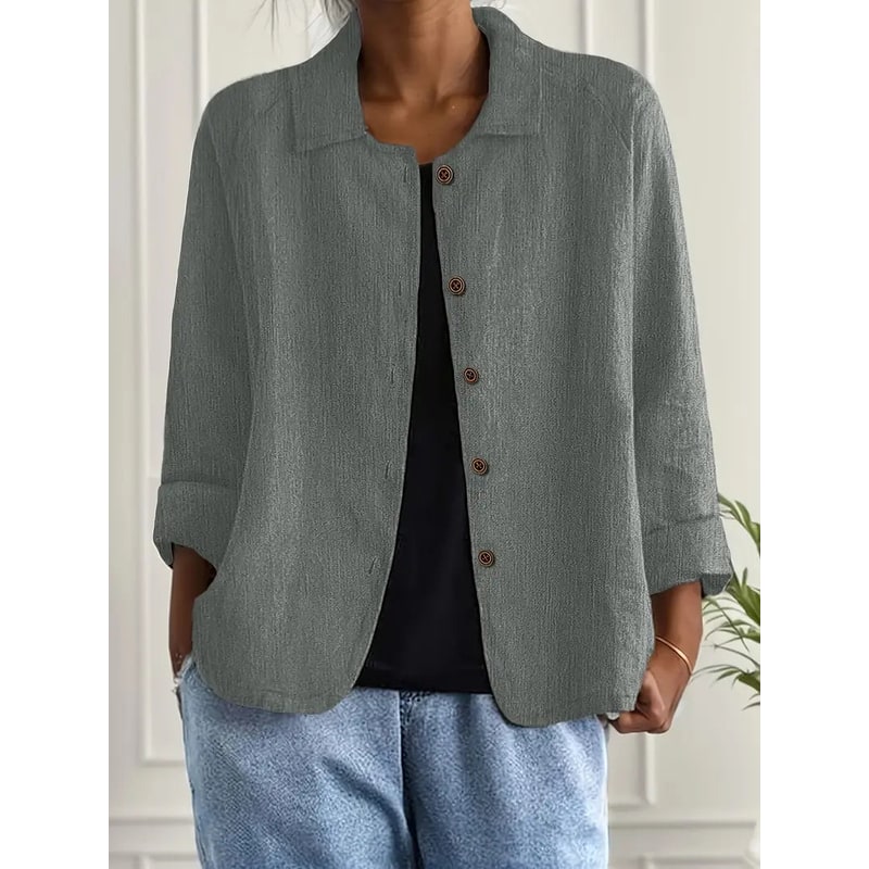 Women's Linen Blend Shirt Jacket with Button Front and Three-Quarter Sleeves - Image 7