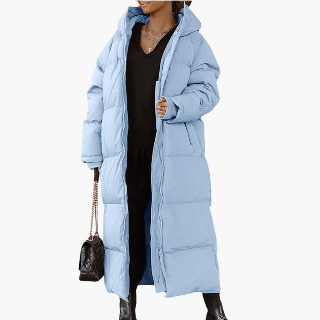 Women's Long Puffer Coat with Quilted Design and Integrated Hood - Image 3