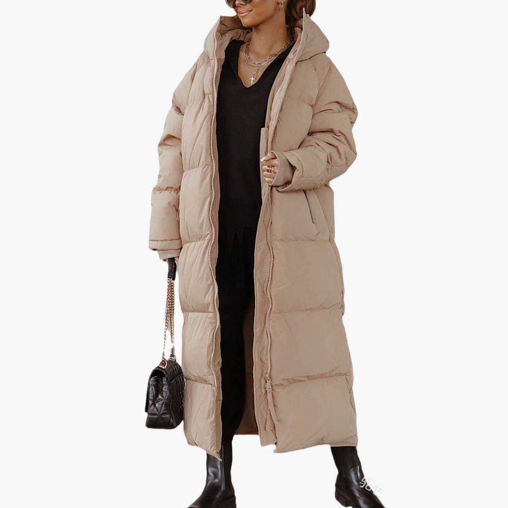 Women's Long Puffer Coat with Quilted Design and Integrated Hood - Image 6