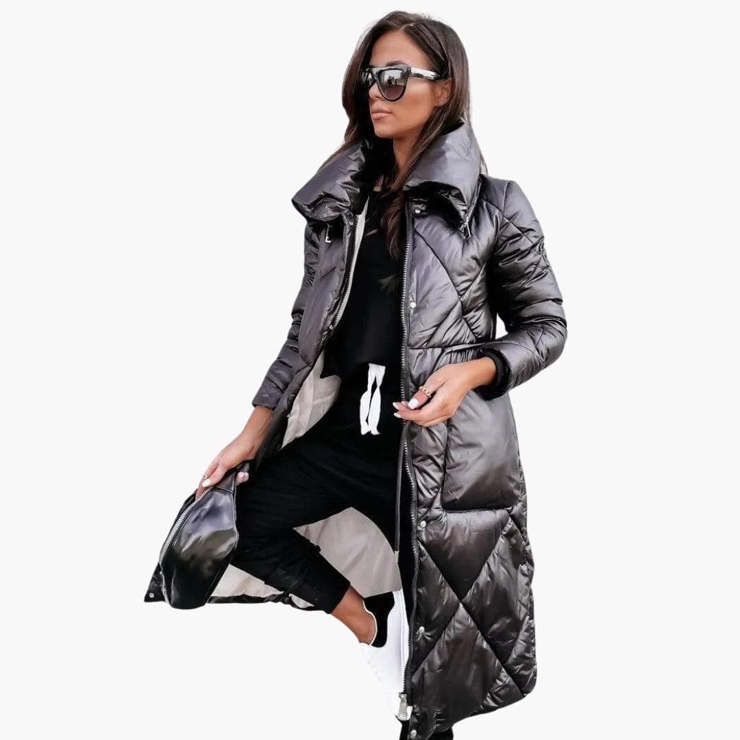 Women's Long Puffer Coat with Quilted Diamond Pattern and Stand Collar - Image 1