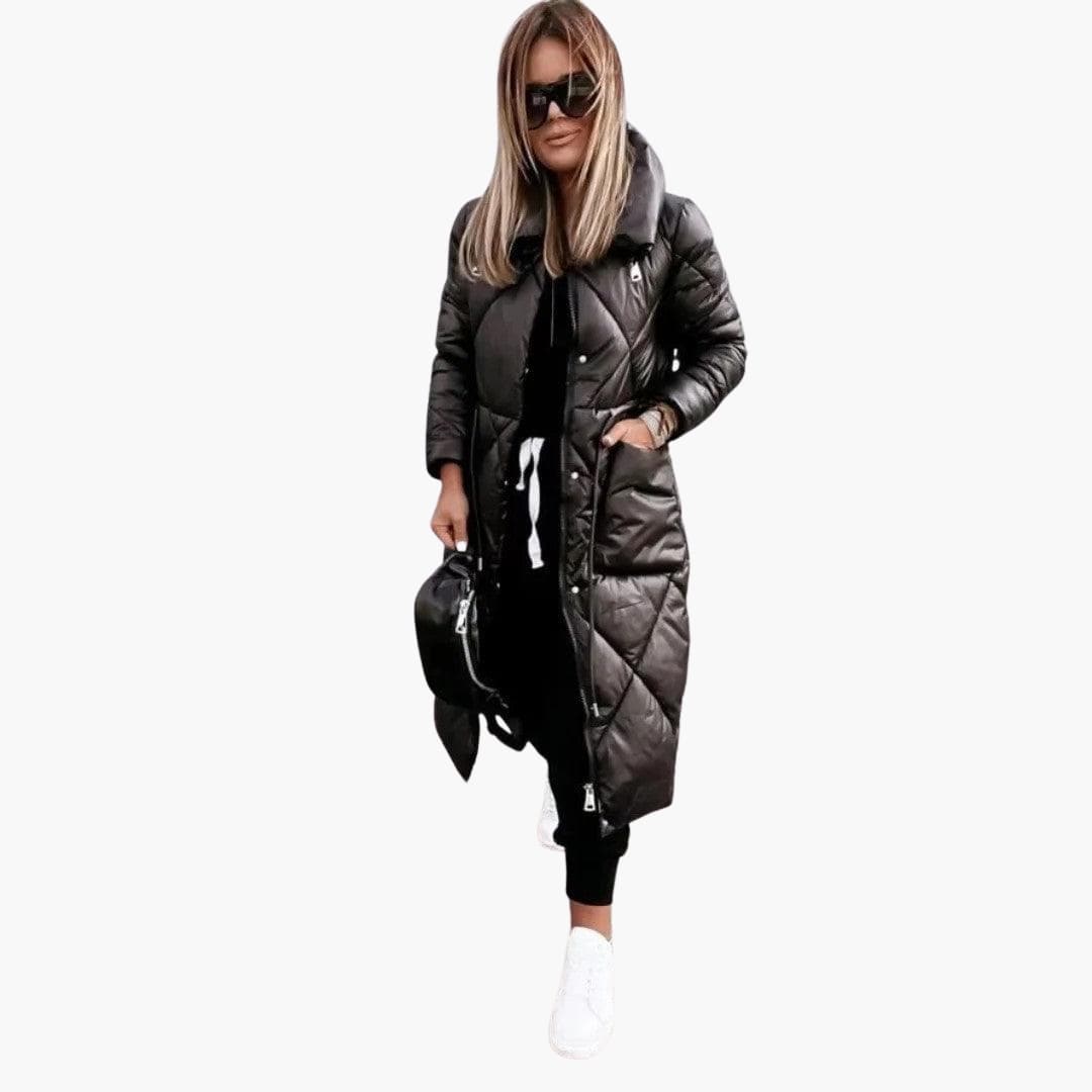 Women's Long Puffer Coat with Quilted Diamond Pattern and Stand Collar - Image 2