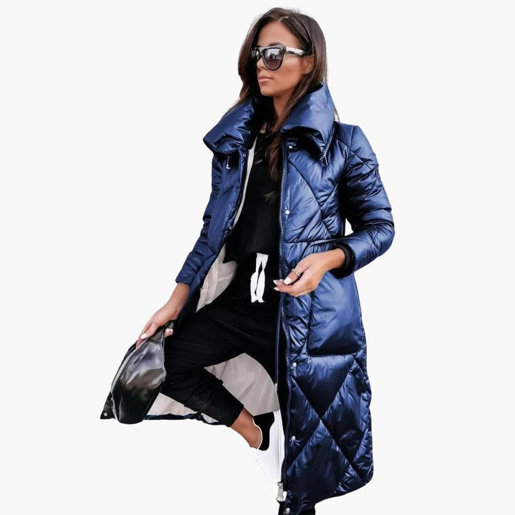 Women's Long Puffer Coat with Quilted Diamond Pattern and Stand Collar - Image 4