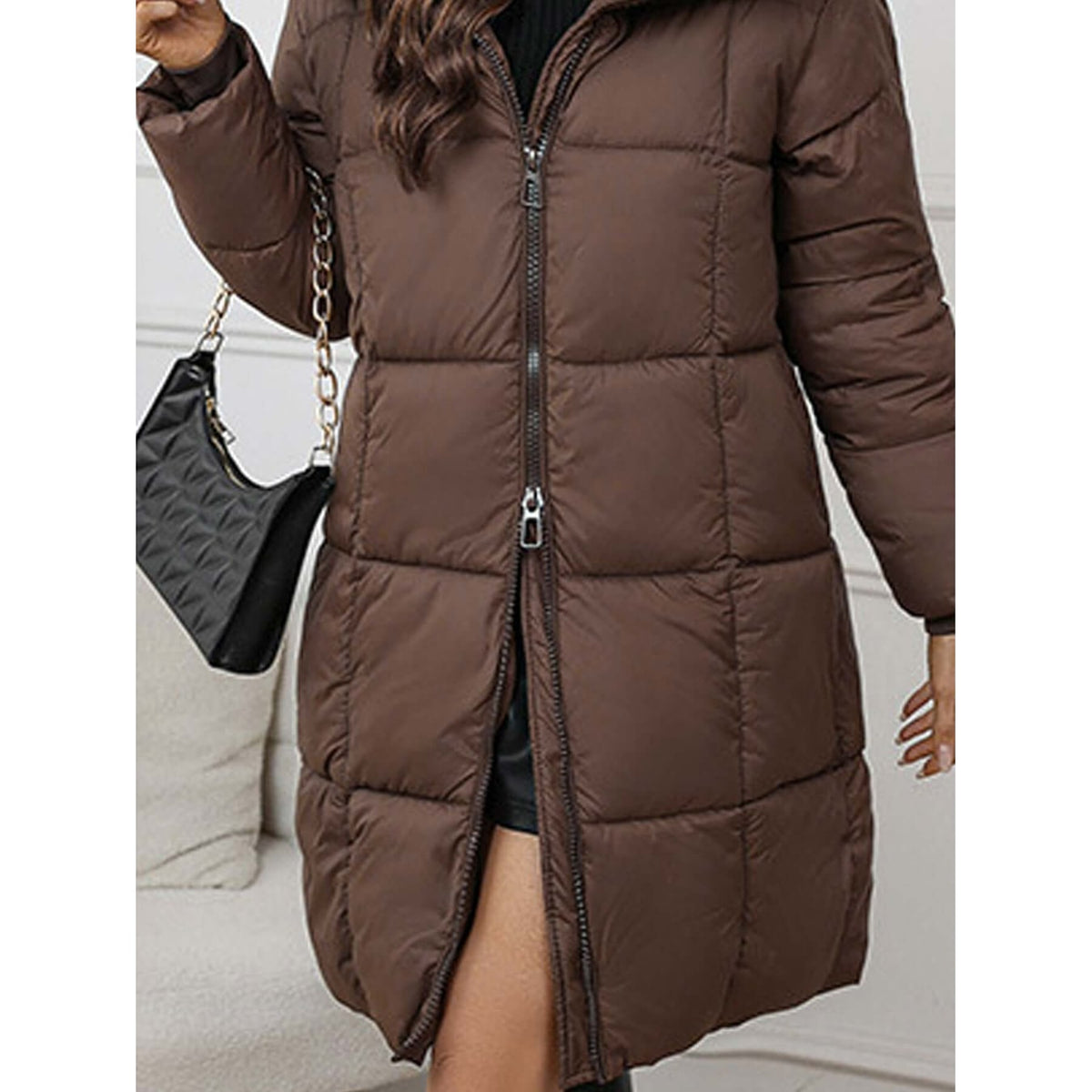 Women's Long Puffer Winter Coat with Hooded Quilted Design and Two-Way Zipper - Image 5