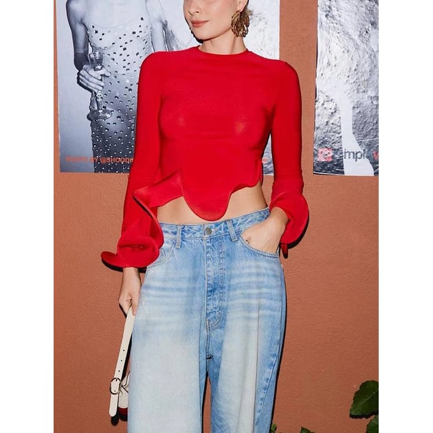 Women's Long Sleeve Crop Top with Ruffle Cuff Fitted Knit - Image 3