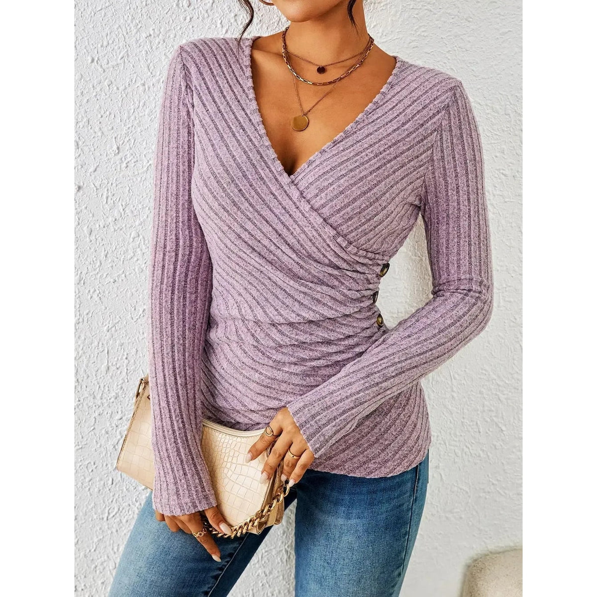 Women's Long Sleeve Wrap Top Ribbed Knit with Side Ruching and Surplice V-Neck - Image 1