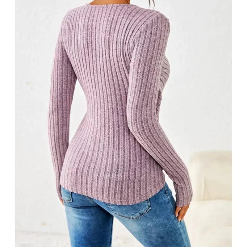 Women's Long Sleeve Wrap Top Ribbed Knit with Side Ruching and Surplice V-Neck - Image 2