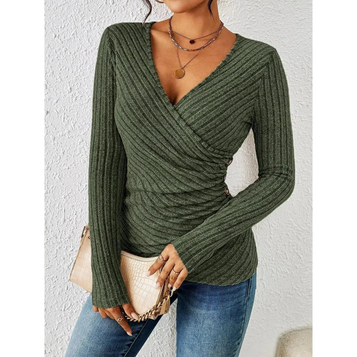 Women's Long Sleeve Wrap Top Ribbed Knit with Side Ruching and Surplice V-Neck - Image 4
