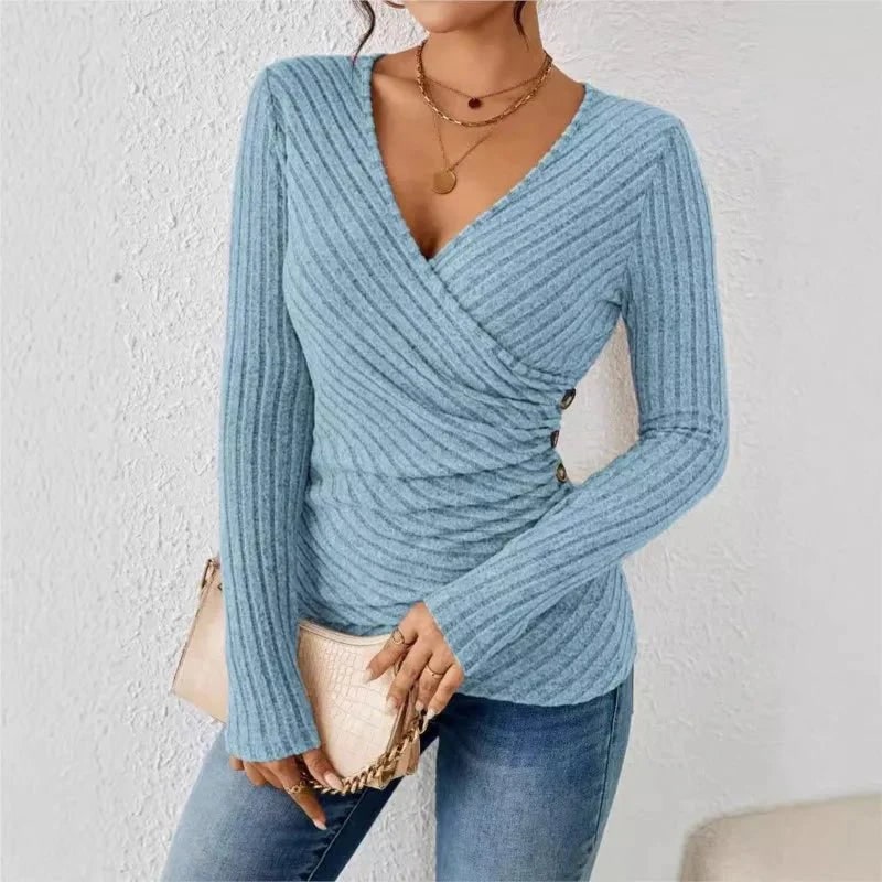 Women's Long Sleeve Wrap Top Ribbed Knit with Side Ruching and Surplice V-Neck - Image 6