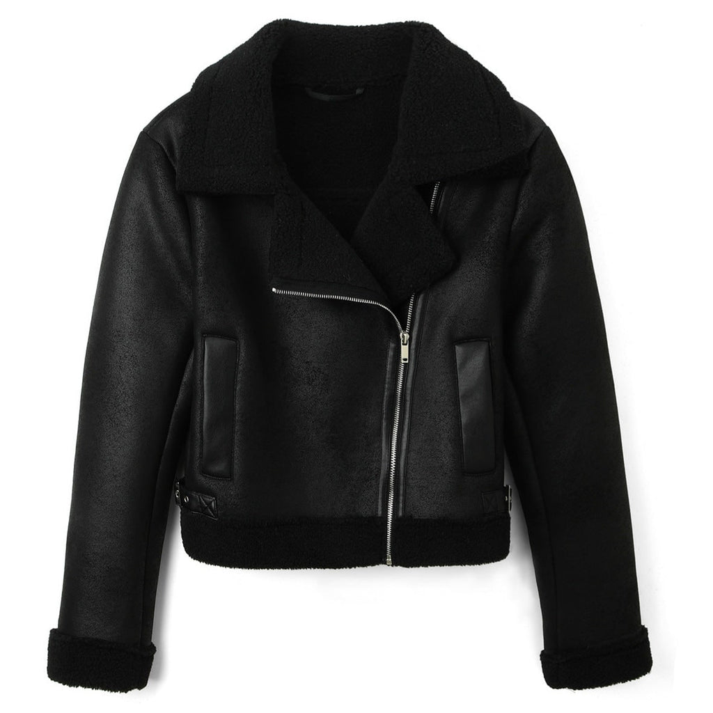 Women's Motorcycle Biker Aviator Jacket with Sherpa Lining and Asymmetrical Zip - Image 1