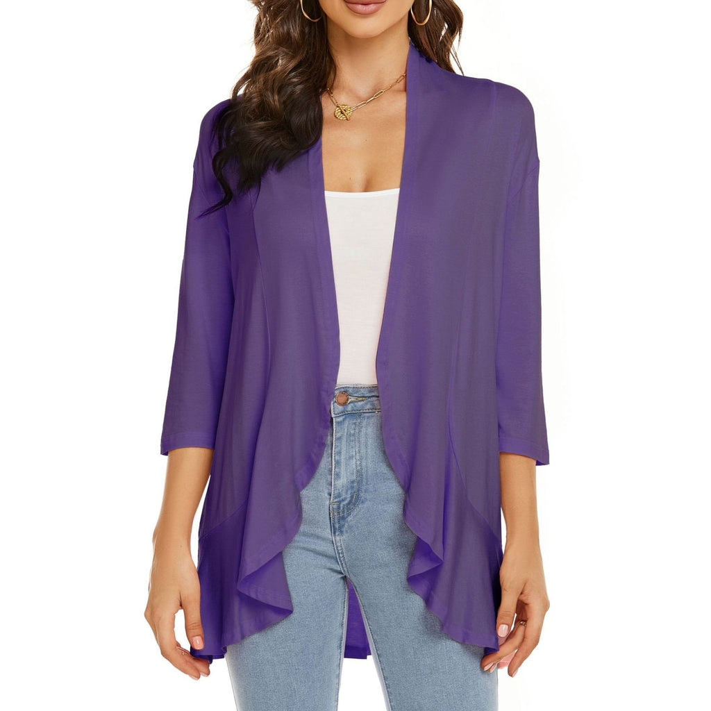 Women's Open Front Cardigan with Draped Three Quarter Sleeves - Image 1