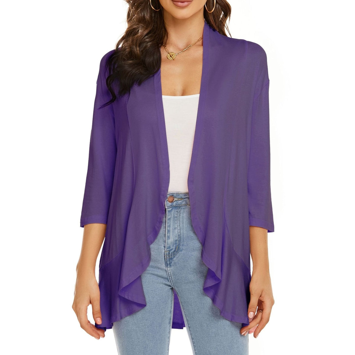 Women's Open Front Cardigan with Draped Three Quarter Sleeves - Image 1