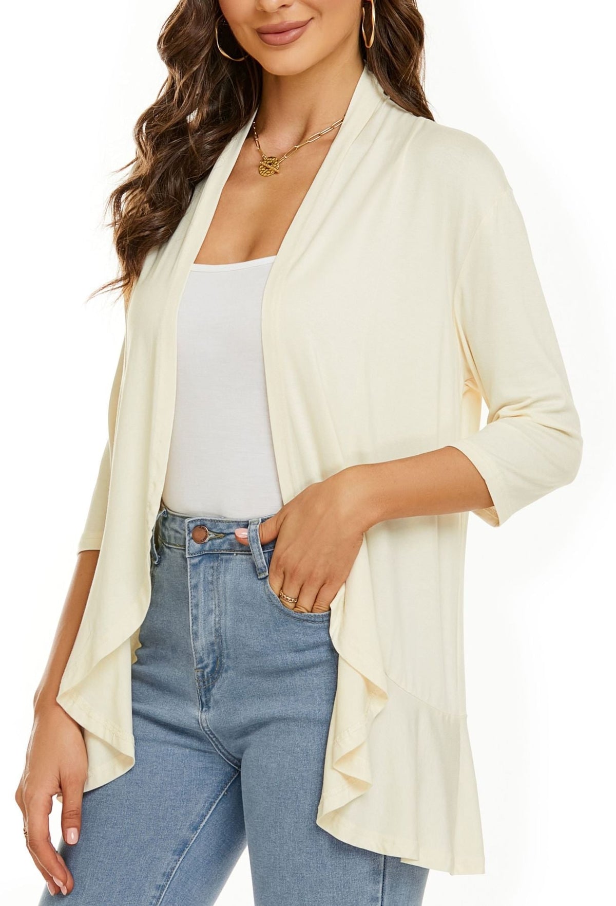 Women's Open Front Cardigan with Draped Three Quarter Sleeves - Image 10