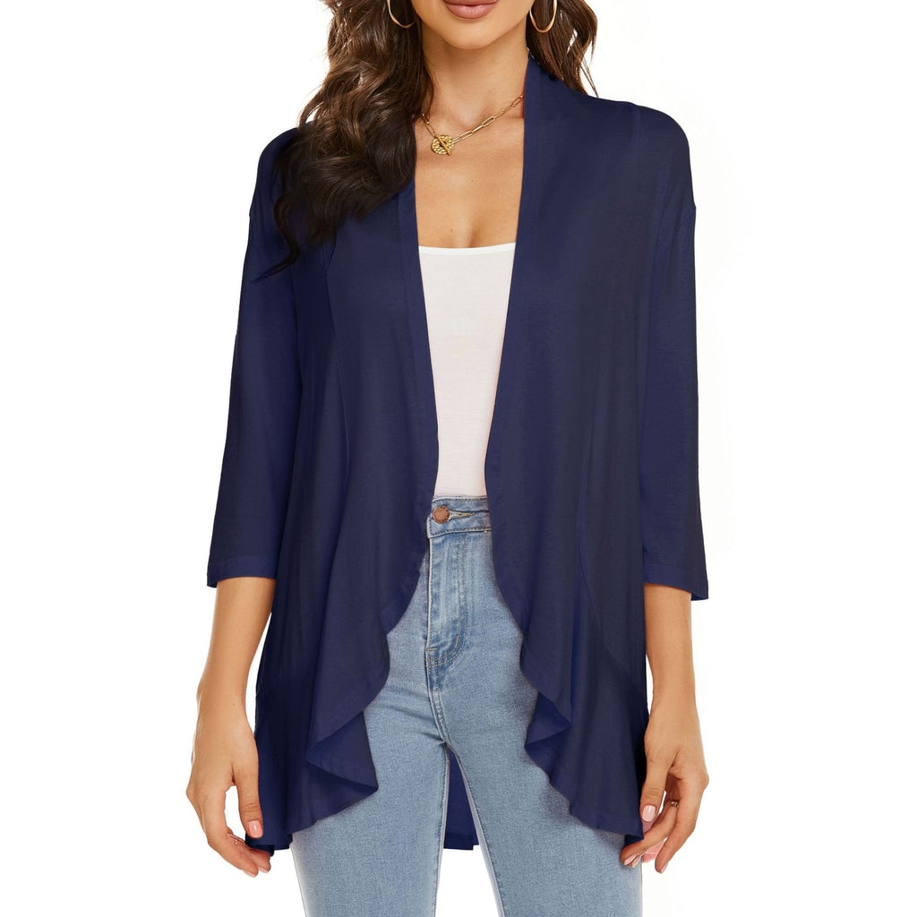 Women's Open Front Cardigan with Draped Three Quarter Sleeves - Image 11