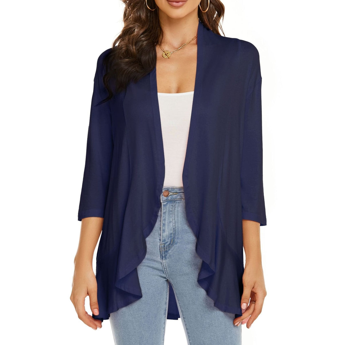 Women's Open Front Cardigan with Draped Three Quarter Sleeves - Image 11