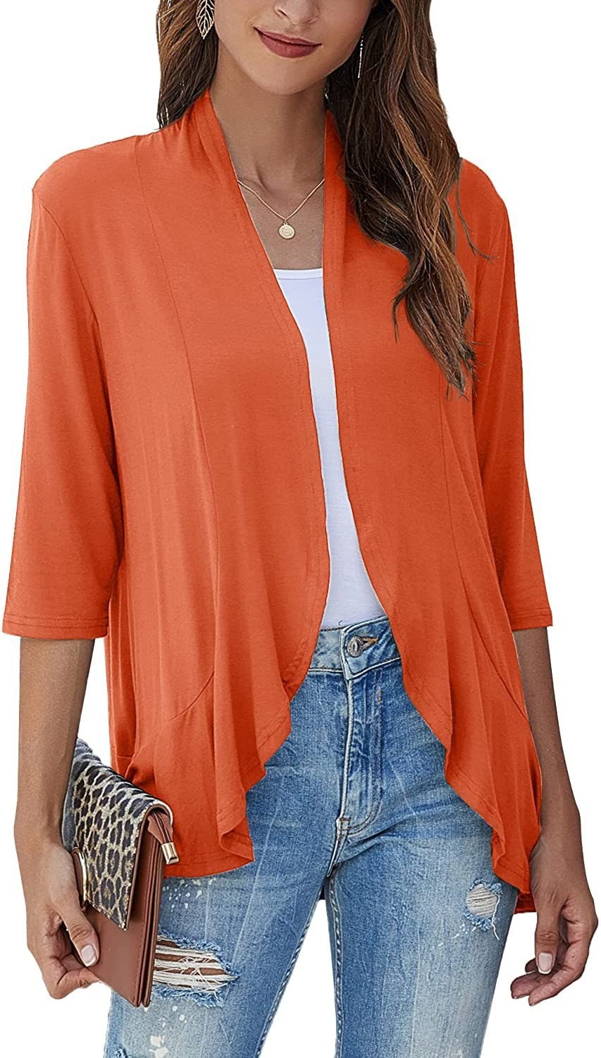 Women's Open Front Cardigan with Draped Three Quarter Sleeves - Image 13