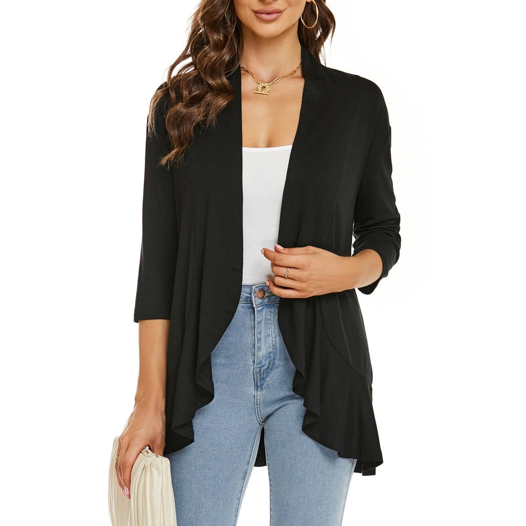 Women's Open Front Cardigan with Draped Three Quarter Sleeves - Image 2