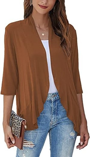 Women's Open Front Cardigan with Draped Three Quarter Sleeves - Image 3