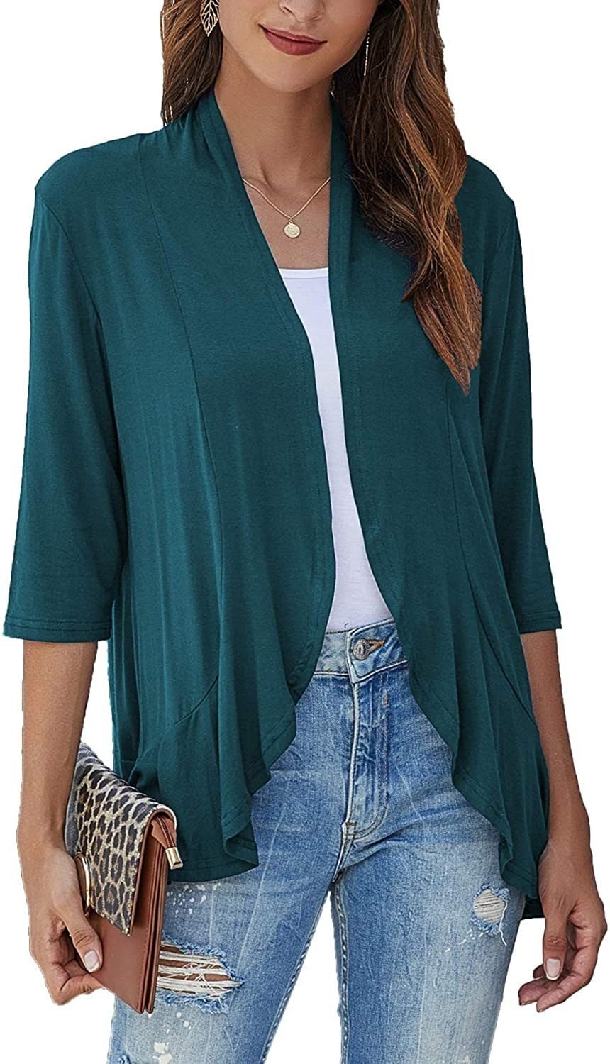 Women's Open Front Cardigan with Draped Three Quarter Sleeves - Image 4