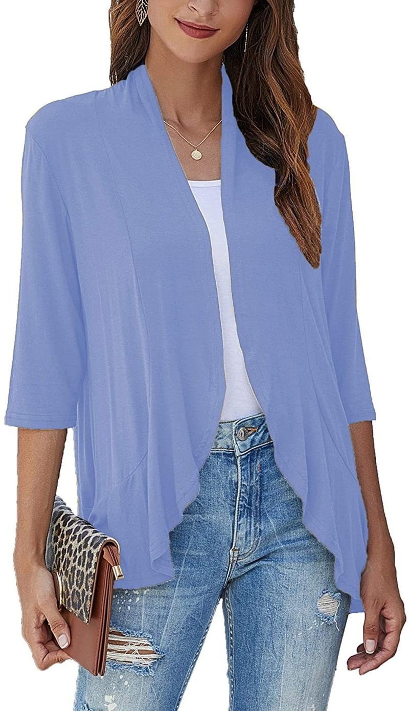Women's Open Front Cardigan with Draped Three Quarter Sleeves - Image 5