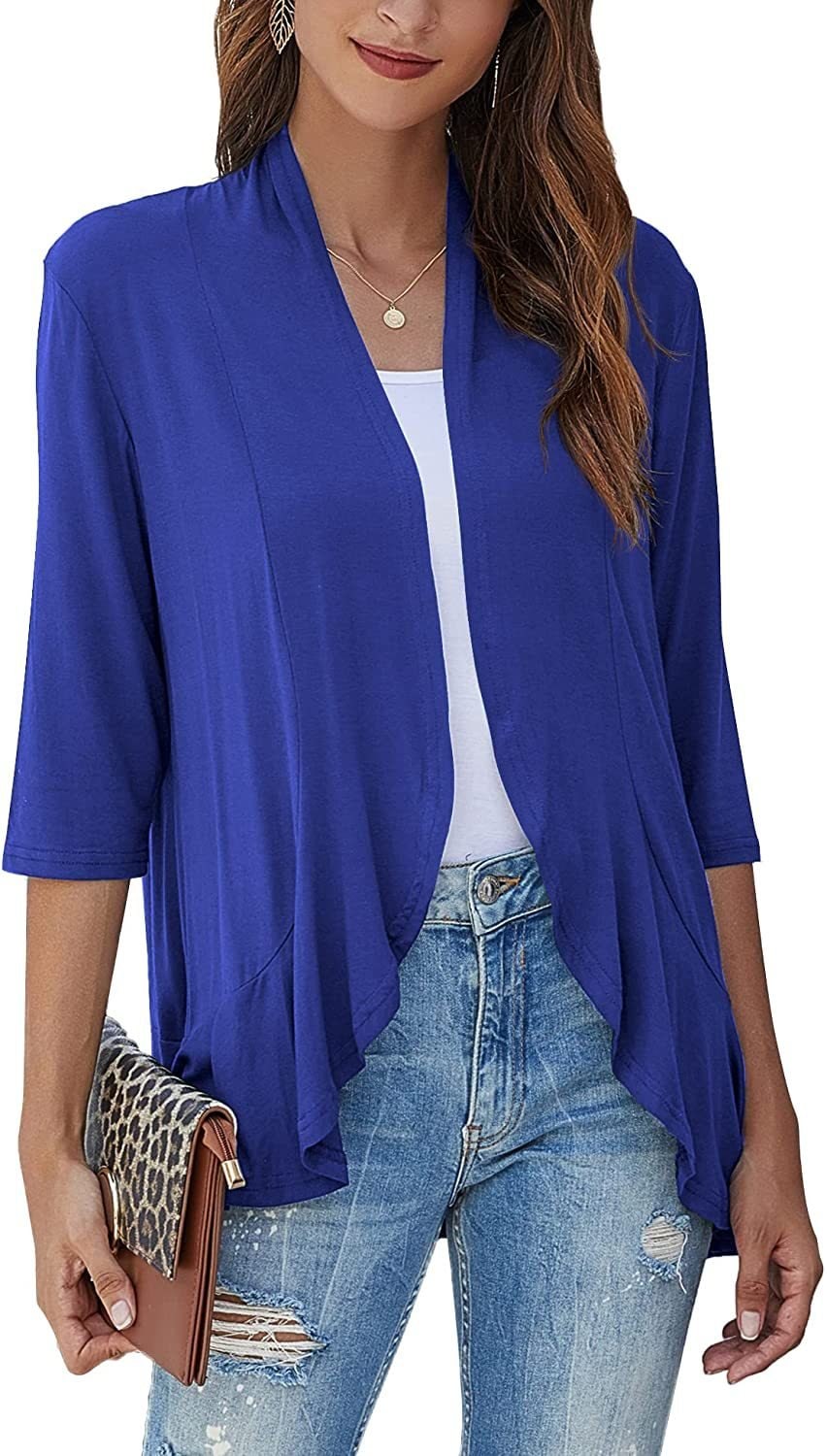Women's Open Front Cardigan with Draped Three Quarter Sleeves - Image 7