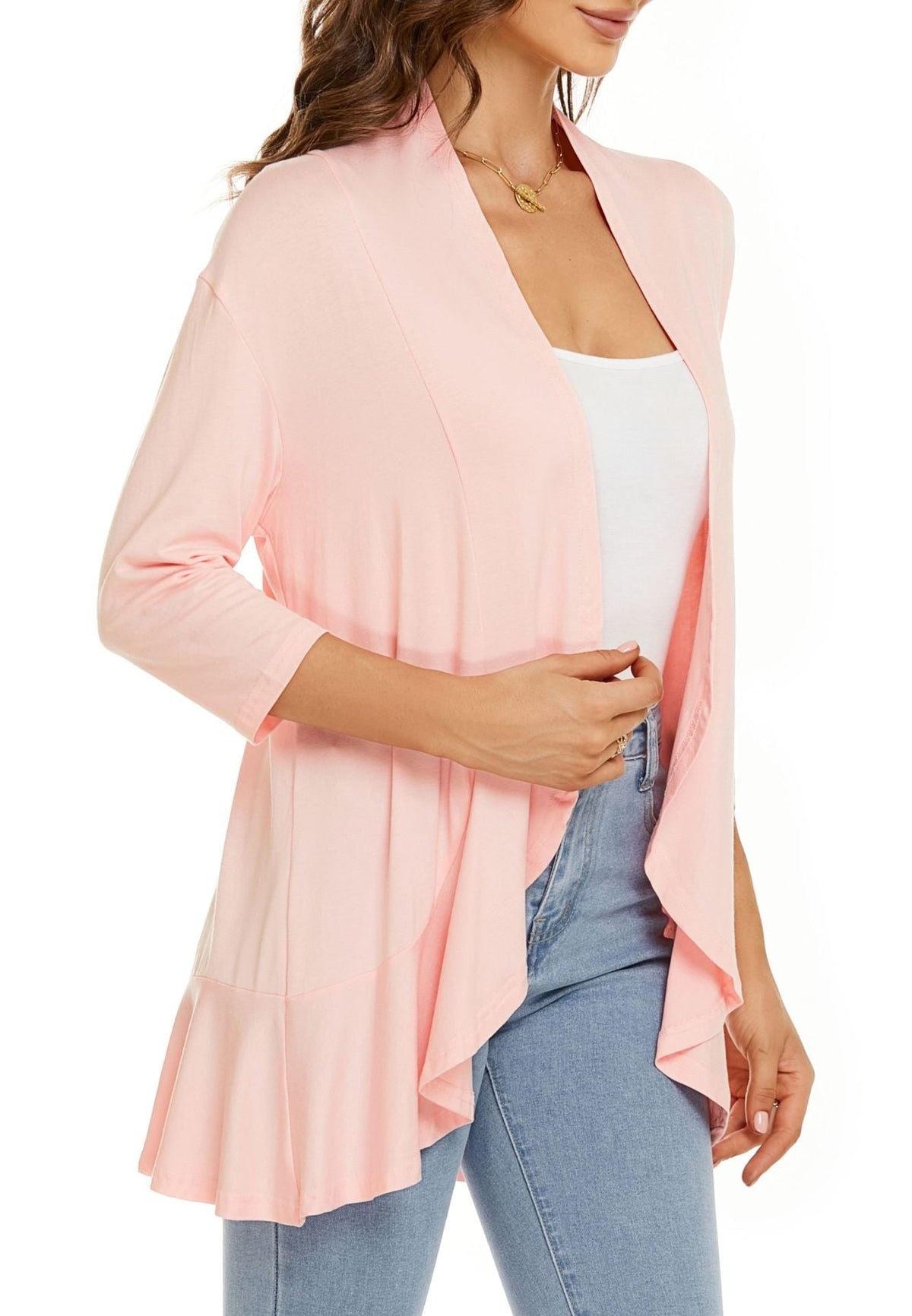 Women's Open Front Cardigan with Draped Three Quarter Sleeves - Image 9