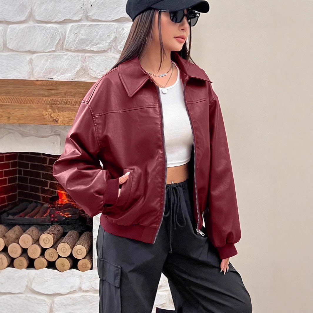 Women's Oversized Faux Leather Bomber Jacket with Pointed Collar and Zip Closure - Image 2