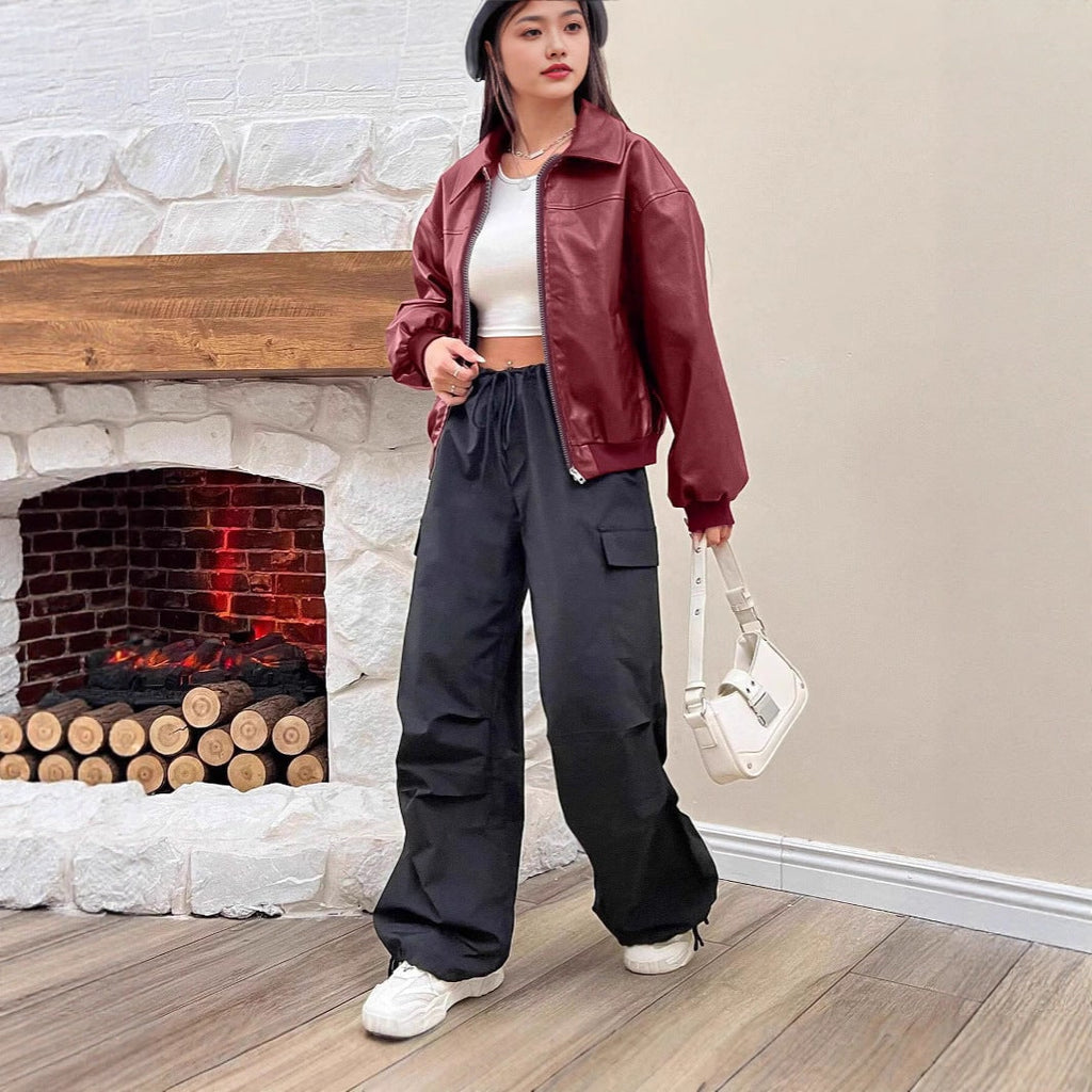 Women's Oversized Faux Leather Bomber Jacket with Pointed Collar and Zip Closure - Image 3