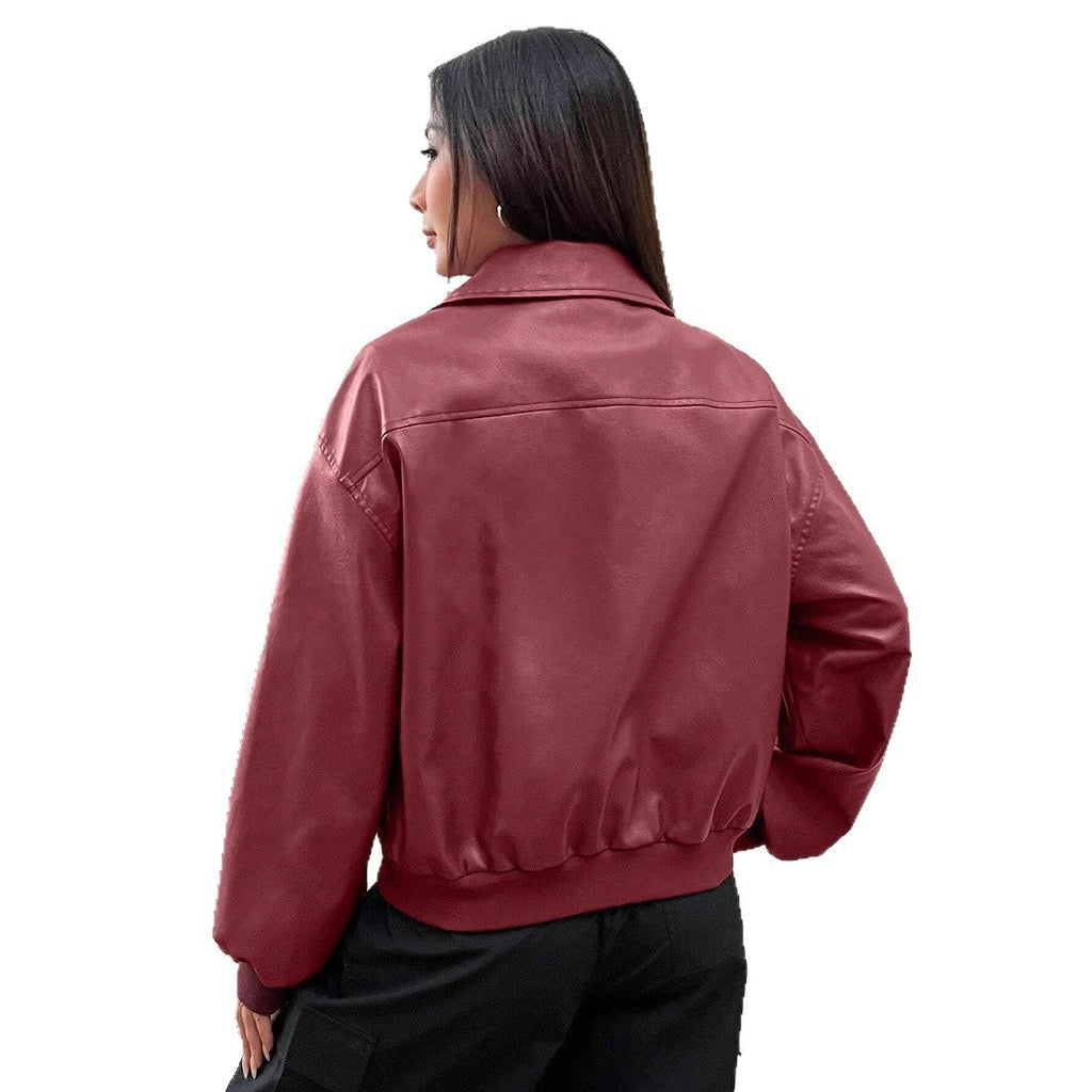 Women's Oversized Faux Leather Bomber Jacket with Pointed Collar and Zip Closure - Image 5